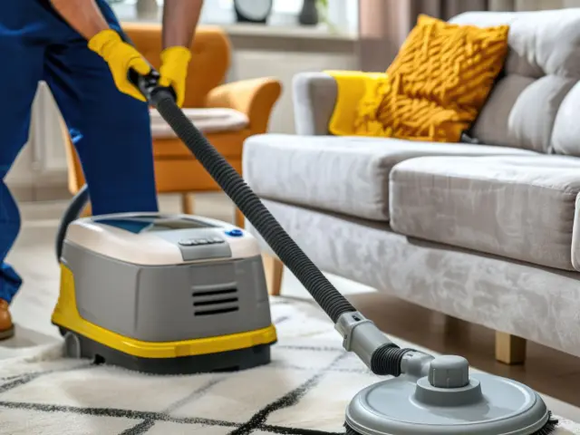 A woman using a carpet cleaner to clean a carpet