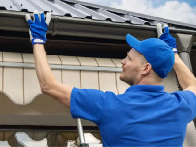 A man cleaning out the gutters of a house