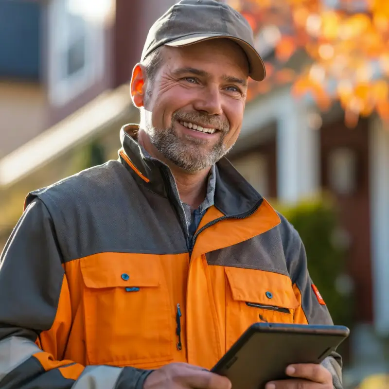 A contractor smiling at a home owner while he is talking to him